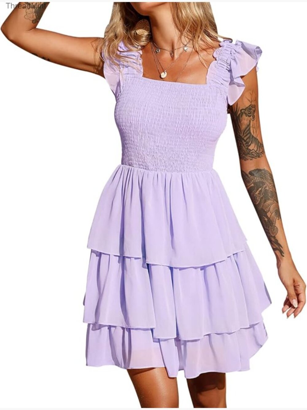 Square Neck Sleeveless Ruffle Dress High Waist Backless Tiered Smocked Mini